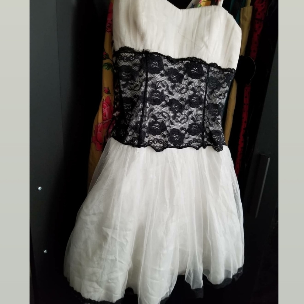 White with black lace dress
